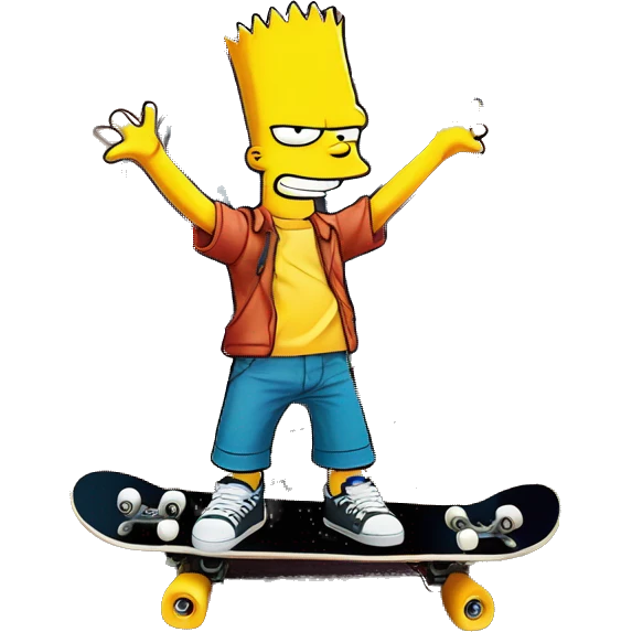 Bart Simpson, skateboard under his arm, poses in front of a graffiti-covered wall. He's giving the camera a playful smirk emoji