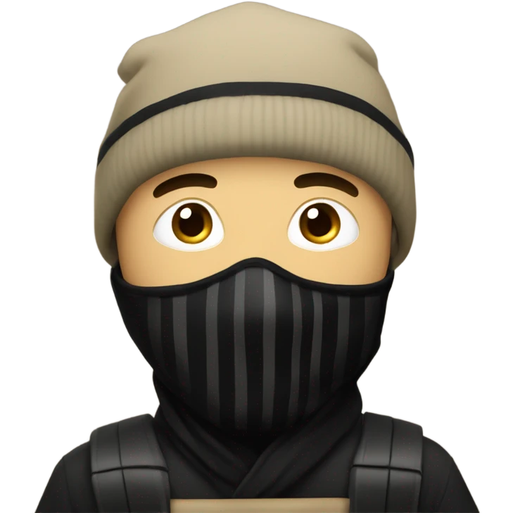 Man wearing a black beanie, white and black horizontal lines, and black mask, holding a khaki sack over his shoulder  emoji