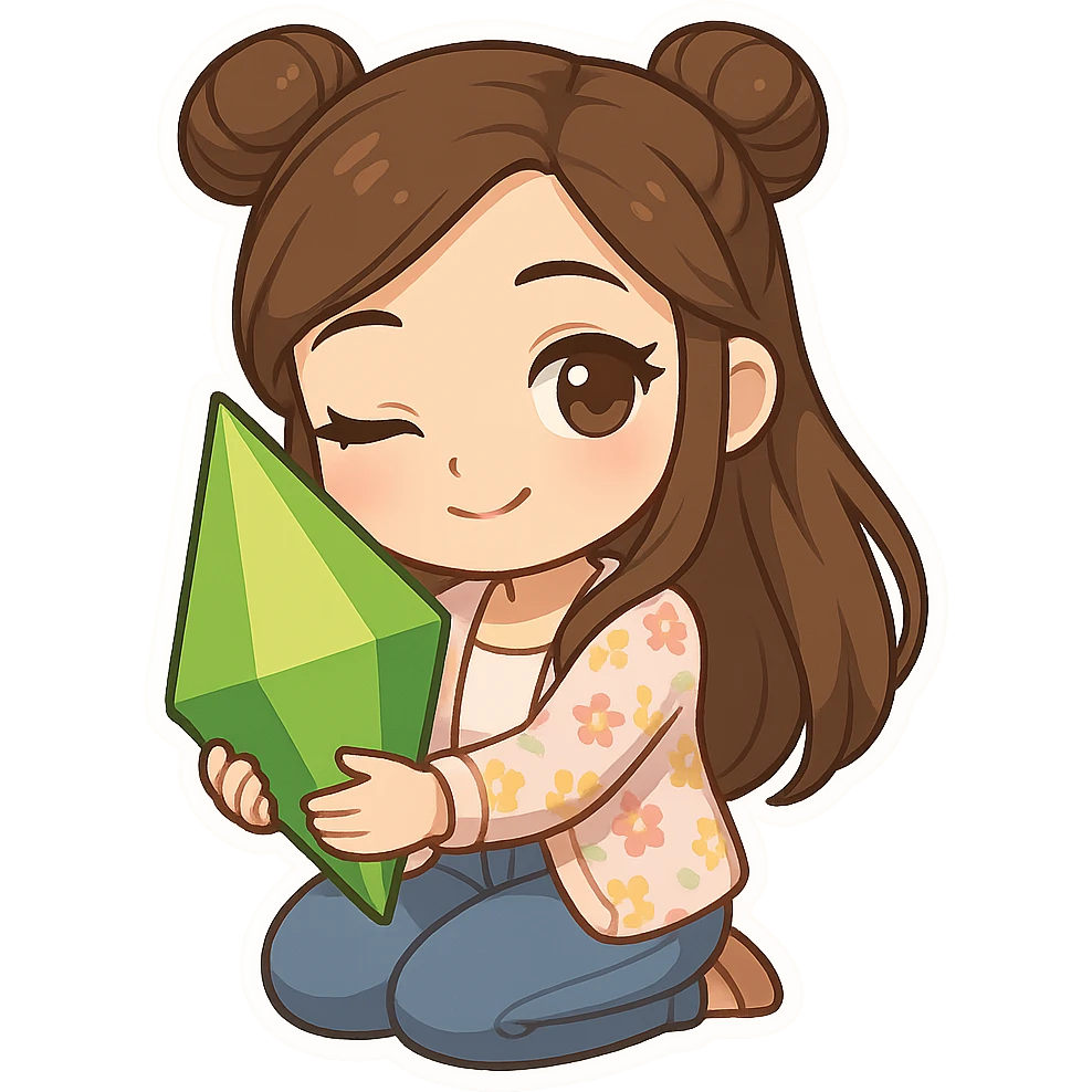 3D chibi style high-quality rendering smooth shadows soft gradients girl with long brown hair styled in two space buns brown eyes wearing jeans pastel floral cardigan thick white outline like a sticker transparent background flirty holding hugging a Plumbob preserve facial features emoji