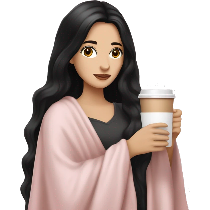 A pretty white girl with very long black hair and brown eyes in a light pink blanket sipping coffee emoji