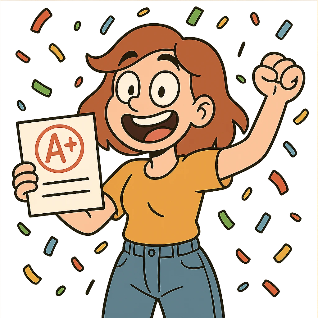 A+ grade on a school report, cartoon style, bright and playful, with confetti emoji