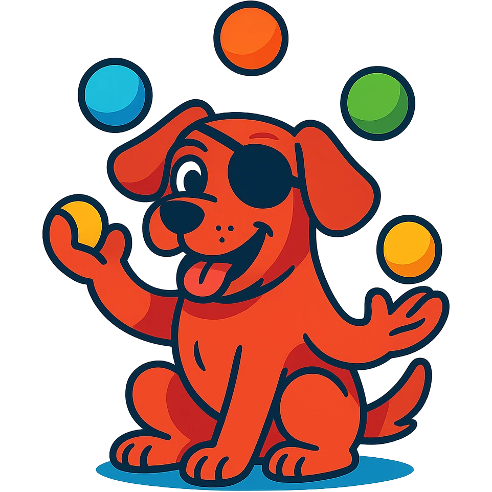 dog with red fur, blue eyes, wearing an eye patch, juggling colorful balls, cartoon style emoji
