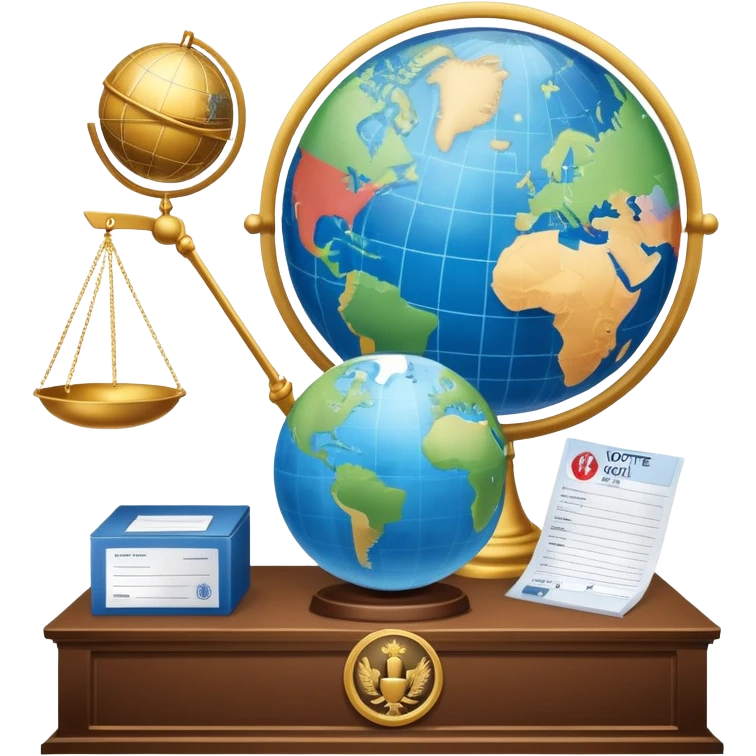 An icon featuring a podium with a speaker, a ballot box with a voting slip, and a globe, symbolizing political science. The design includes scales of justice and a world map in the background, representing governance and global politics. Transparent background highlights political analysis. emoji