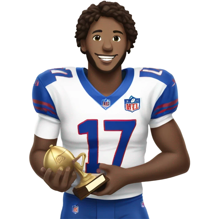 Josh Allen in jersey number 17, holding a trophy emoji
