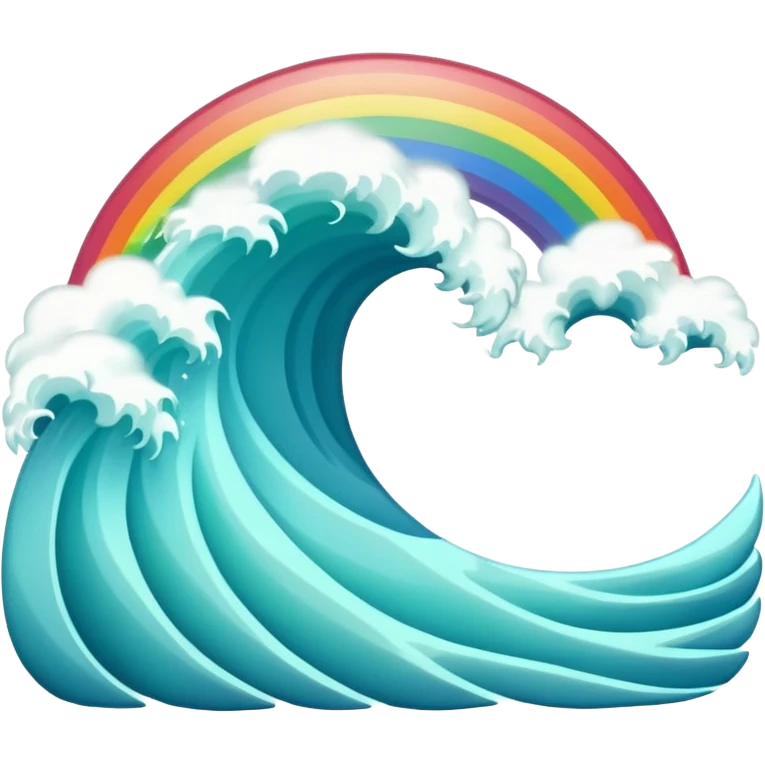 An ocean wave emoji with a rainbow emerging above it, representing peace and positivity after a storm. Minimal, glossy emoji design, vibrant yet calm color scheme. emoji