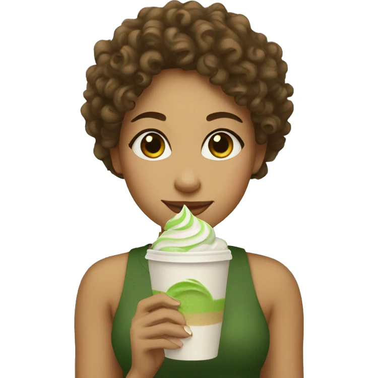 curly girl holding matcha latte emoji
