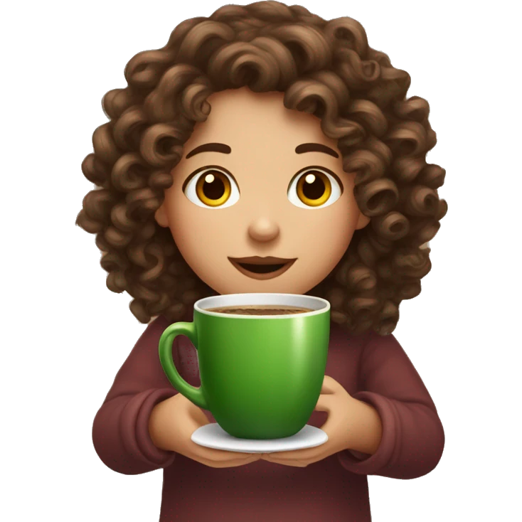 Curly brown hair girl in Christmas mood with cup of coffee in her hands emoji