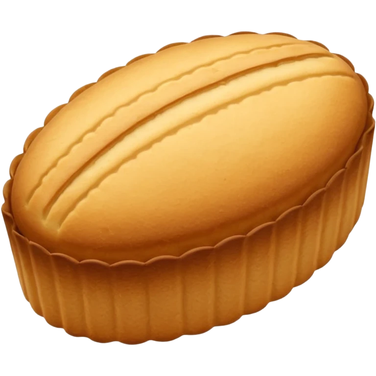 A madeleine pastry. Oval shaped with vertical lines going in the same direction as the oval. Light golden brown. Scalloped edge. Cookie. Flat. emoji