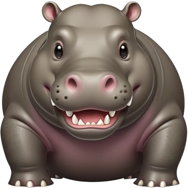 cinematic-hippo-realistic-full-body-standing on all fours-emoji,-massive-round-frame-partially-submerged-in-muddy-water,-wide-mouthed-grin-exposing-huge-teeth,-head-tilted-dramatically,-thick-greyish-brown-hide-glossy-from-water,-simplified-yet-realistic-focused-features,-highly-detailed,-glowing-with-an-almost-sarcastic-glow emoji