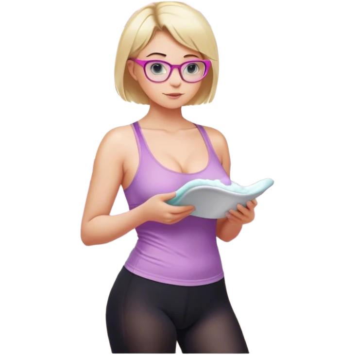 Thick fair skinned woman, short blond hair, small light purple reading glasses, washing dishes, sheer pink tank top, showing natural B cup breast shape SFW, black yoga pants, thick booty emoji