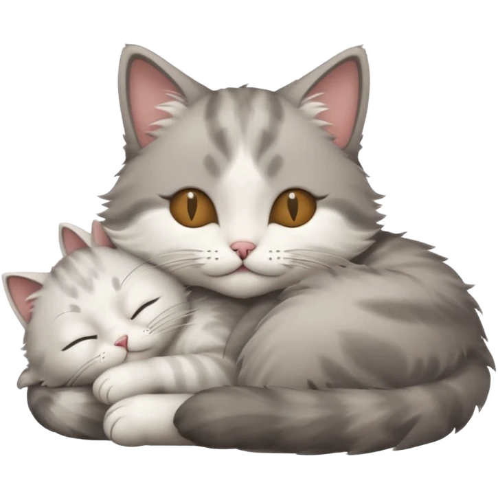 grey and white small cat with its eyes closed lying down with his head leaning on his paw emoji