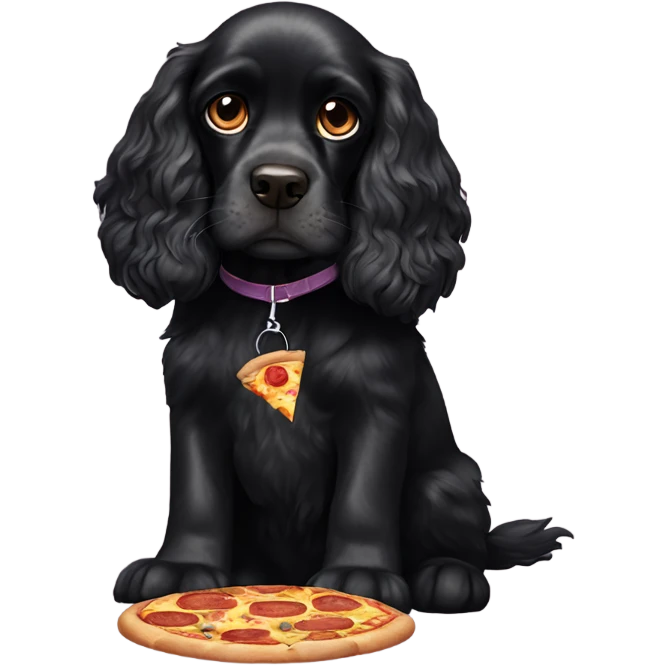 Black cocker spaniel with pizza’s eyes emoji