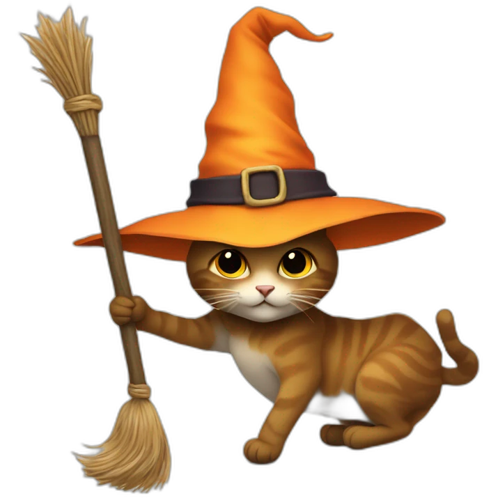 cat with witch hat on a broomstick celebrating emoji