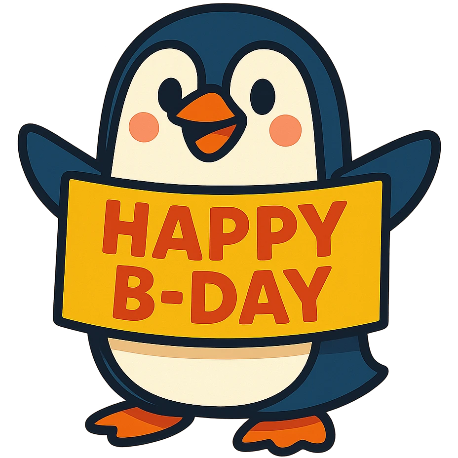 smiling penguin holding 'Happy B-Day' banner, vibrant-toon style emoji