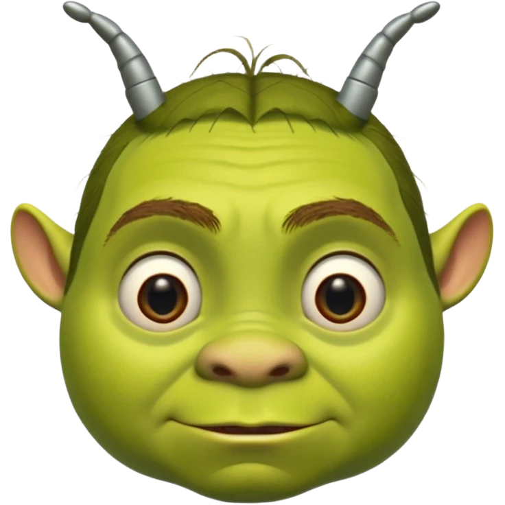 Shrek avec deux petites antennes-oreilles cylindriques plantées de chaque côté de la tête : elles sont courtes, épaisses, avec une ouverture ronde à l’extrémité.
 emoji