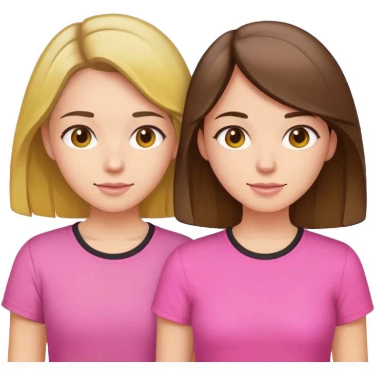 Two best friends one light brunette and the other brunette’s with highlights. Both are white. The first one is wearing a yellow shirt and the other a pink  emoji