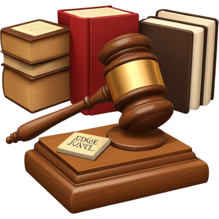 A 3D cartoon judge’s gavel resting on a block beside law books, warm wooden background, realistic Memoji-style rendering. emoji