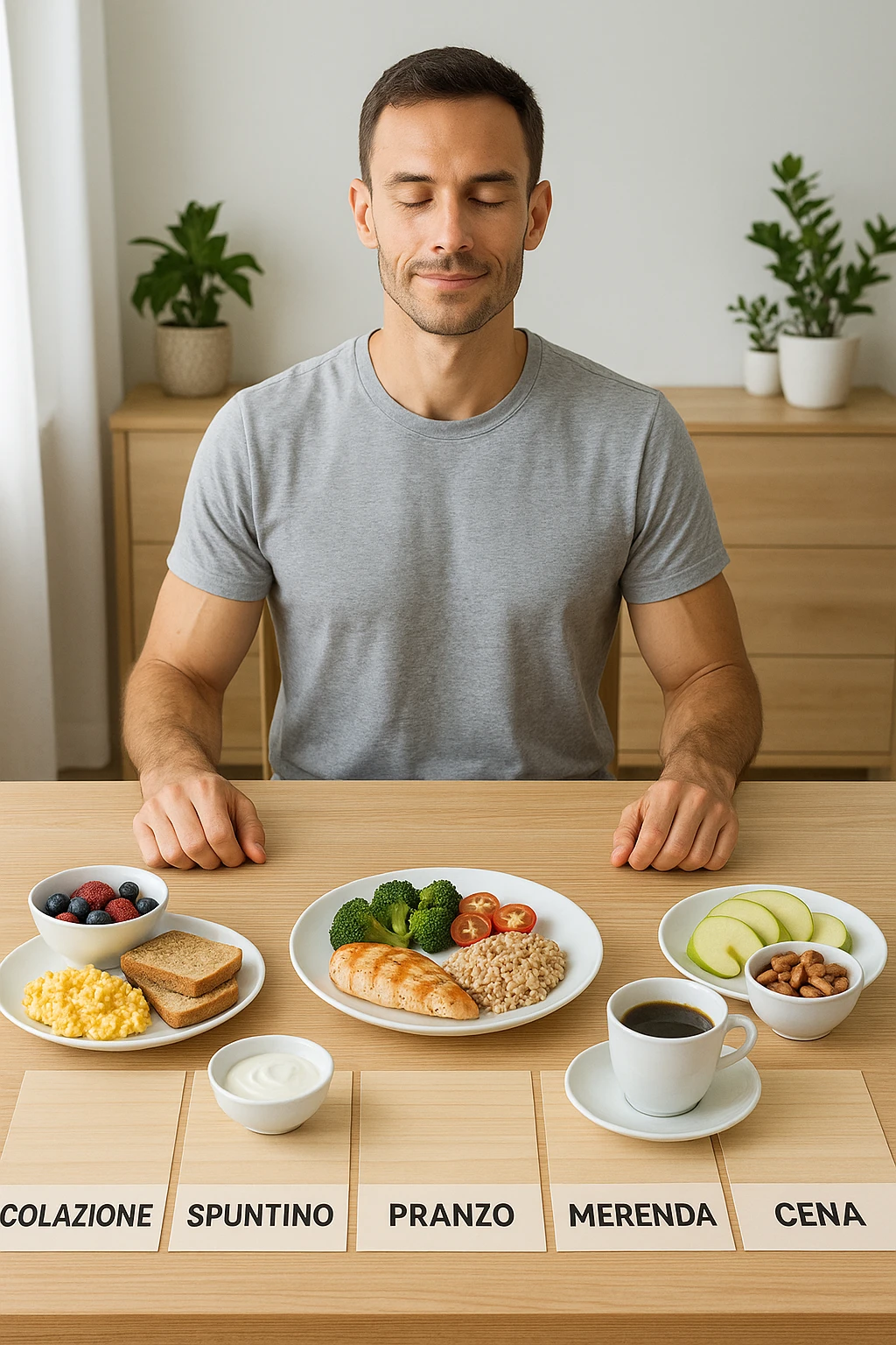 Uomo sereno con fisico sano e asciutto seduto davanti a un grande tavolo diviso in 5 sezioni, ognuna con un pasto bilanciato: colazione, spuntino, pranzo, merenda, cena. Ogni piatto ha porzioni equilibrate di proteine, carboidrati e grassi salutari. Ambiente ordinato, stile di vita sano, luce naturale, atmosfera di consapevolezza nutrizionale. in italiano emoji