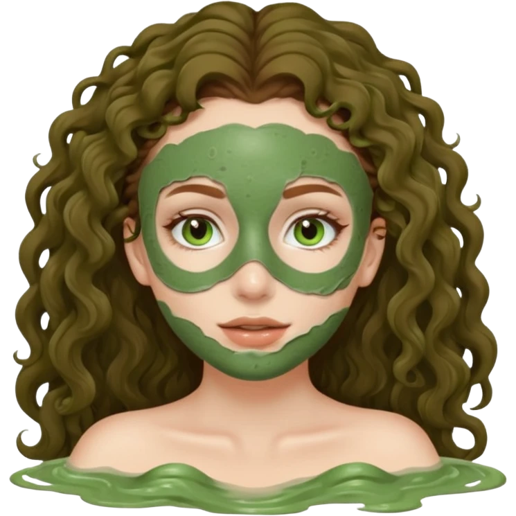 pale white girl with long brown curly hair green spa mud mask emoji