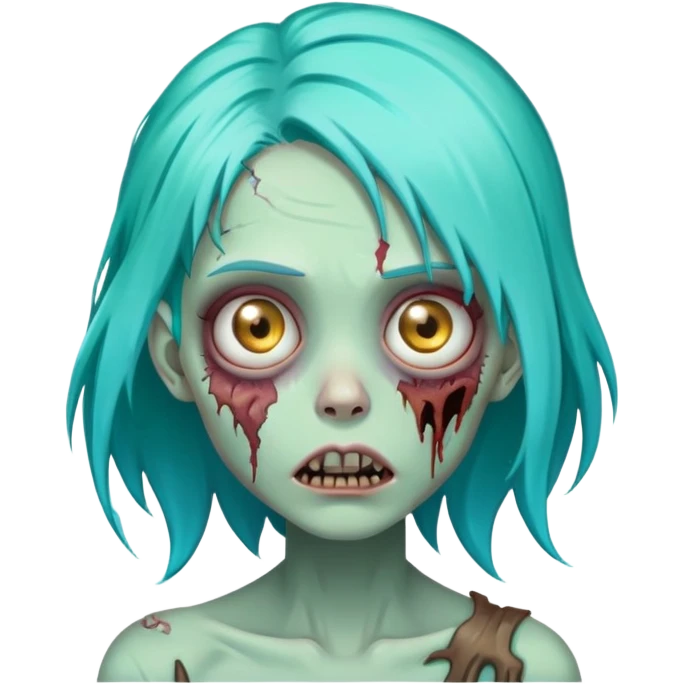 female zombie with bright turquoise hair, rotting skin, sunken eyes, cute but scary emoji