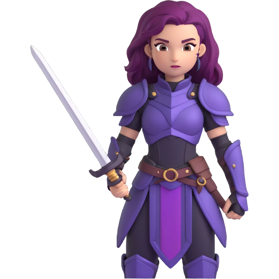 mysterious warrior girl with flowing purple hair, dressed in black armor, holding a sword, emoji style emoji