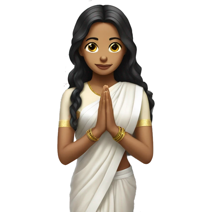 Light skin ;Black long hair wearing white saree praying infront a white temple emoji