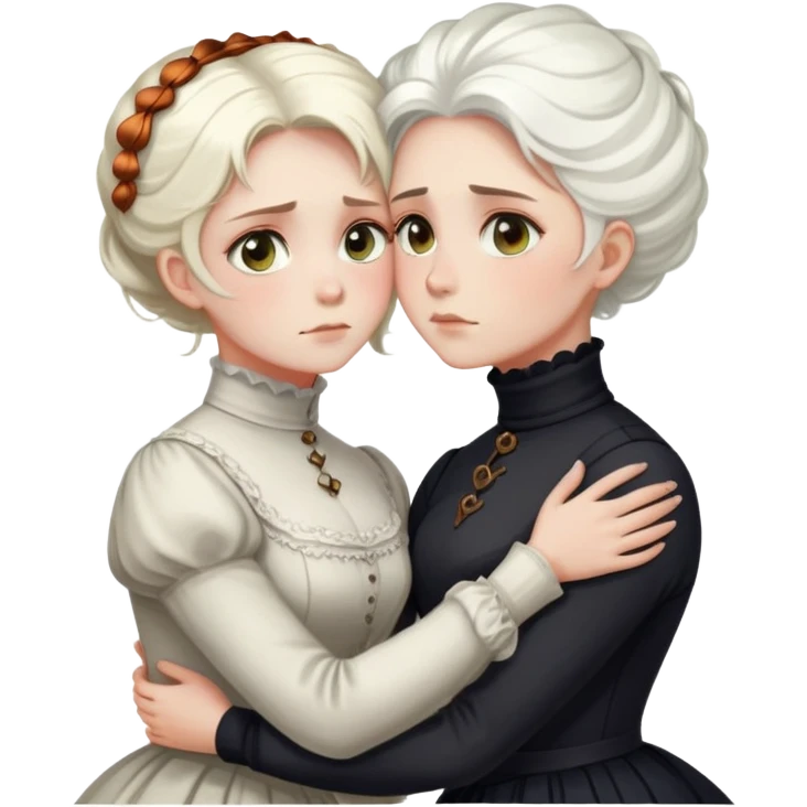 Two Victorian women with light eyes, one with bright white coiffed hair and one with dark copper coiffed hair, wearing Victorian turtleneck dresses, embracing each other in a sad, intimate hug emoji
