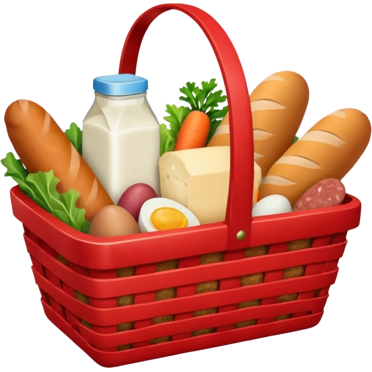 red basket with groceries: milk, bread, sausage, eggs, potatoes, carrots, onions, cabbage emoji
