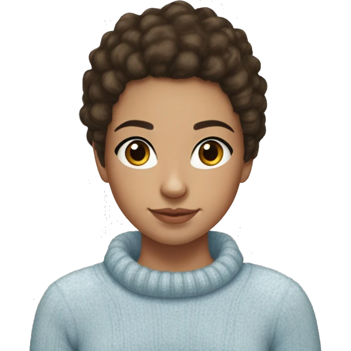 teenage girl, hispanic, freckles, afro brown hair, pony tail, short hair, brown eyes, light blue sweater, winter sweater, freckles emoji
