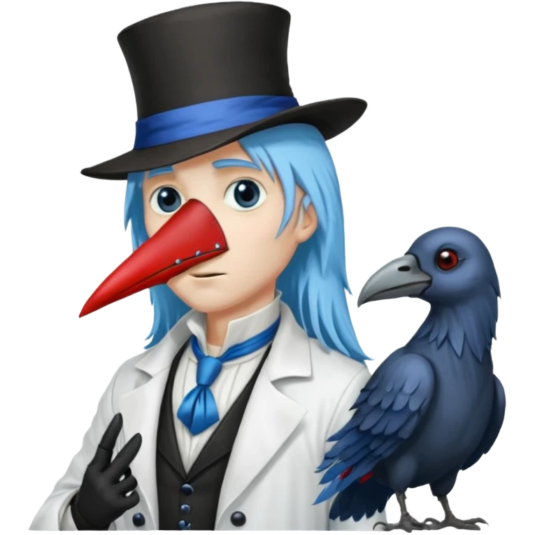Plague Doctor with light-blue beautiful hair, handsome sexy, long hair tendril bangs down on the sides, white lab coat, blue cravat, black feathers on shoulder, raven companion, black gloves, red eyes emoji