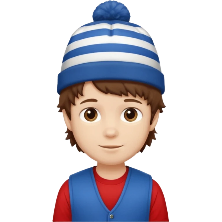 brown fluffy hair kid with blue and white hat dark blue jilet red t shirt emoji