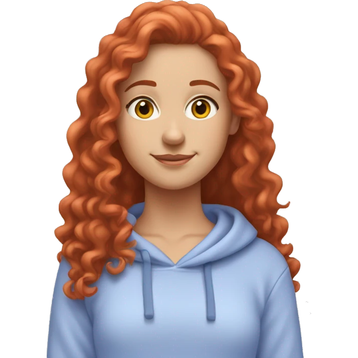 a white girl with long red curly hair, wearing a pastel periwinkle hoodie doing a pose emoji