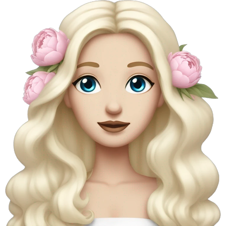 White bride with long light blonde hair and blue eyes with light pink peonies in hair white skin emoji