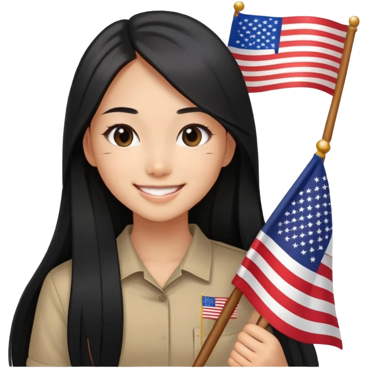 Girl smiling with black and long hair, straight hair, Asian eyes holding the American flag  emoji