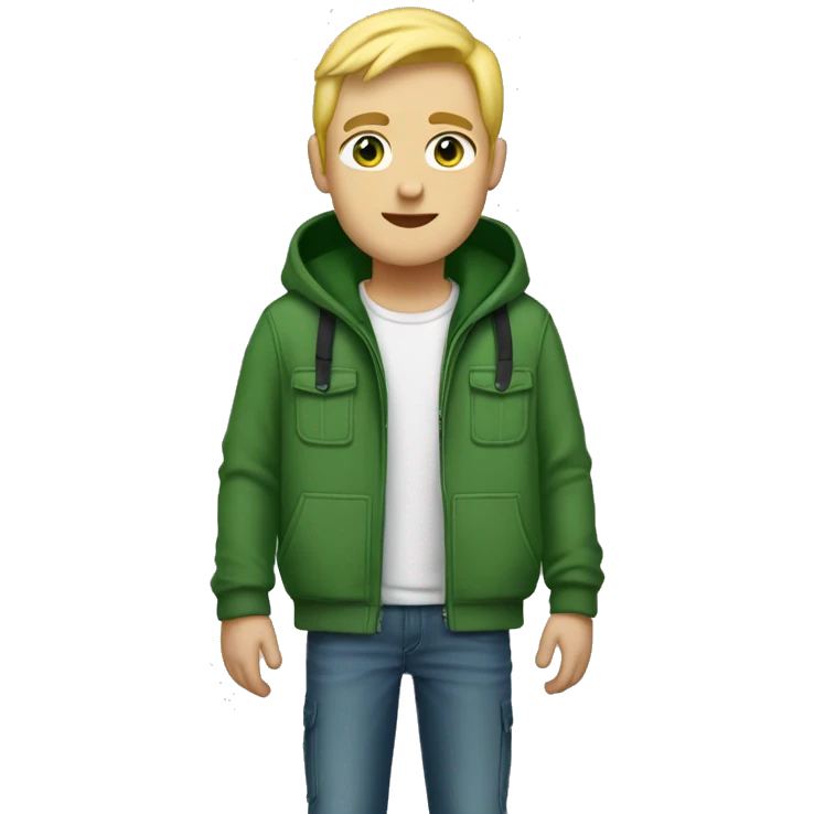 A tall guy with blonde hair, a little bit chubby but not much, green eyes, green cap and green hoodie with cargo jeans black emoji