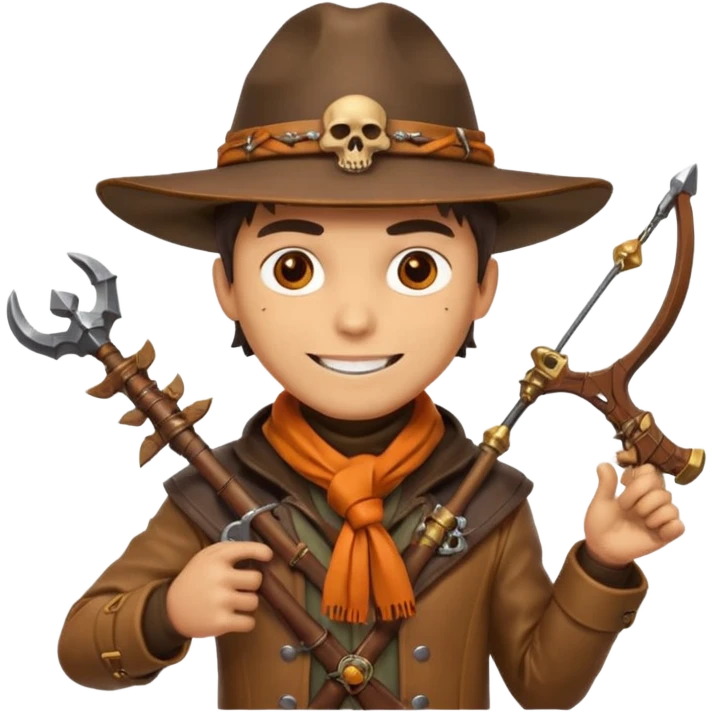 male human monster hunter emoji, wearing brown leather coat and wide hat, holding crossbow, with amulet shaped like skull, Halloween fantasy theme, confident smile, orange scarf, Apple emoji style, clean white background, square image emoji