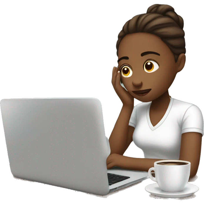 tired girl with laptop drinking a lot of coffee emoji