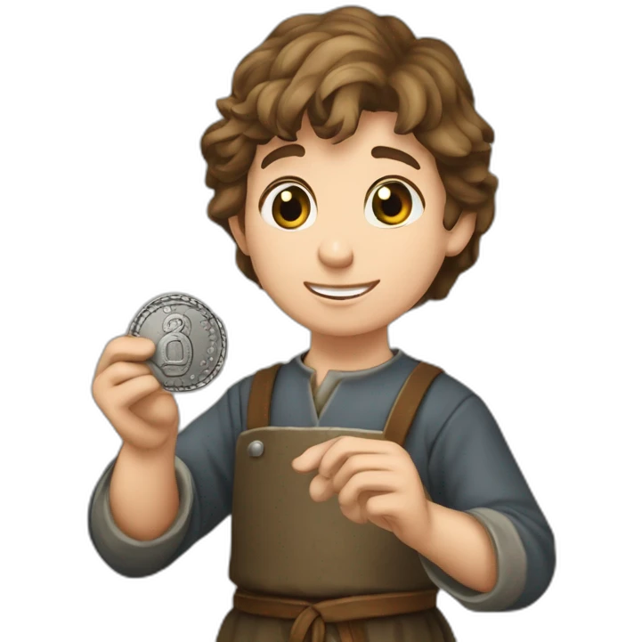 young coin engraver apprentice yielding a coin, medieval age emoji