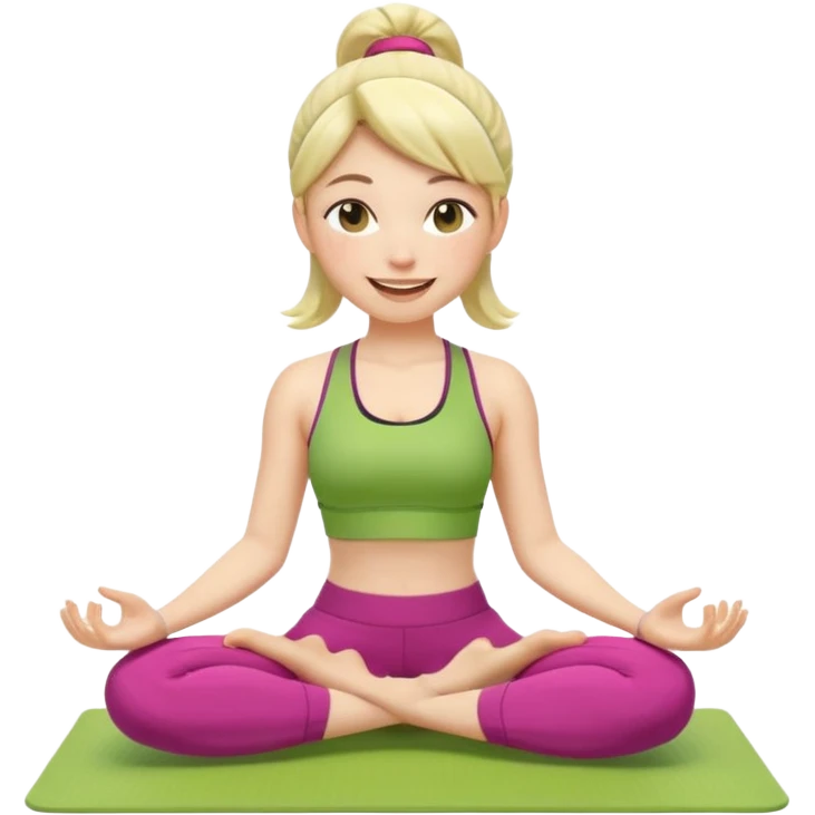 Девушка-мемоджи радостно сидит на коврике для йоги, в спортивной позе, в ярком стильном спортивном комплекте. Лицо сияющее, улыбка очень довольная и счастливая, в руках яркий стакан освежающего матча-лимонада, вокруг атмосфера свежести, отдыха и комфорта. Белый фон. 2 руки и 2 ноги emoji