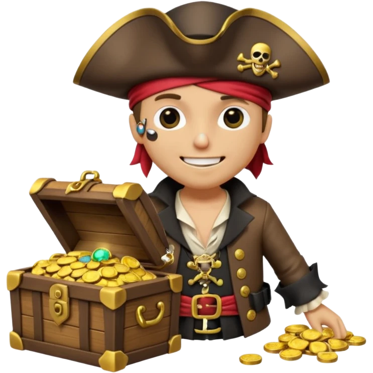 A 3D cartoon pirate character with one eye covered by a black eye patch, holding a treasure chest filled with gold coins and jewels, standing on sandy ground, wearing a pirate hat and coat, warm sunset lighting, realistic Memoji-style rendering. emoji