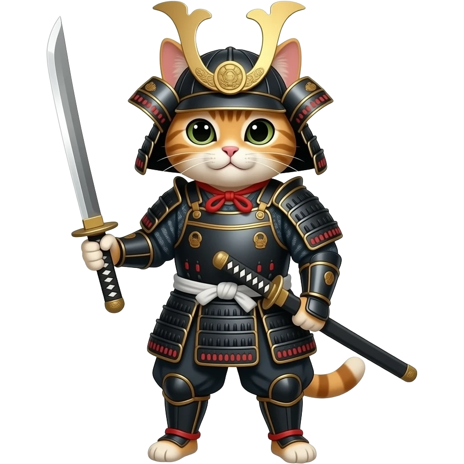 Кіт в японських обладунках з мечем в руках в повний зріст, він людиноподібний emoji