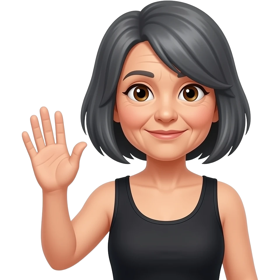 MUJER VIEJA CON PELO GRIS SEMI CORTO OSCURO LEVANTANDO LA MANO DERECHA COMO PIDIENDO TURNO CON REMERA NEGRA CON OJOS MARRONES emoji
