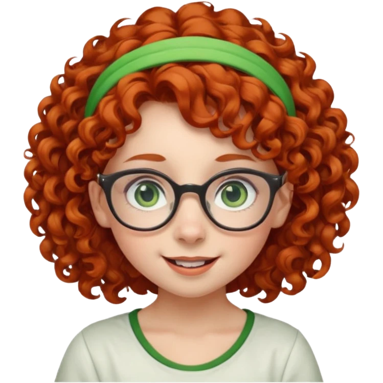 redhead kid with unique face features and very curly hair kid girl happy and big glassess and big nose and very green eyes and headband emoji