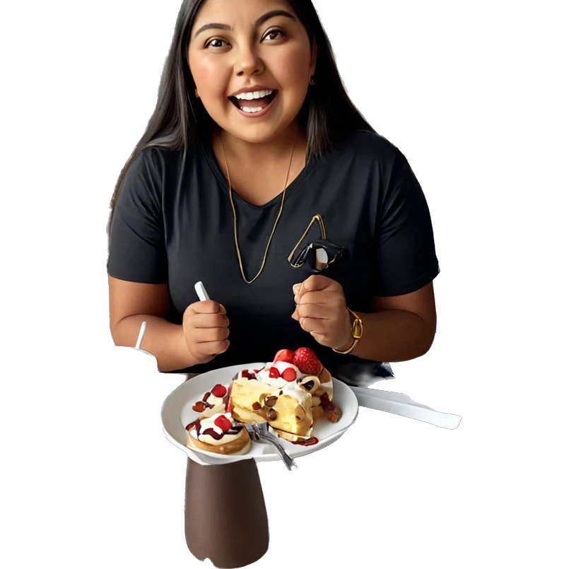 girl with dessert at table emoji