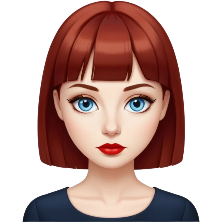 Creative woman with fair skin, oval face, striking blue eyes with dark eyeliner, thin eyebrows, small nose, full lips with bright red lipstick, dark auburn hair with straight bangs, wearing an elegant black blouse, artistic expression emoji
