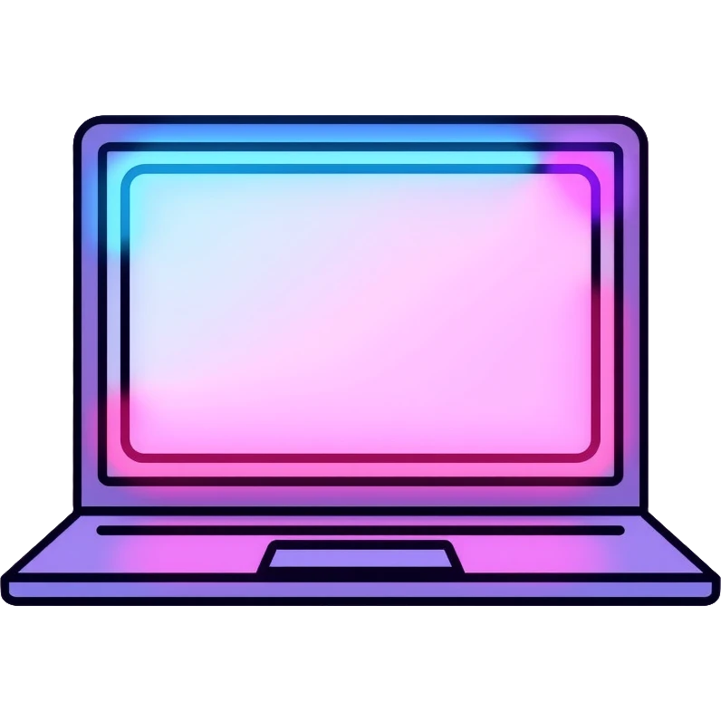 laptop computer with video chat interface on screen, pink and light blue colors, with neon glow lines, blue neon light on top left, purple neon light on bottom right emoji