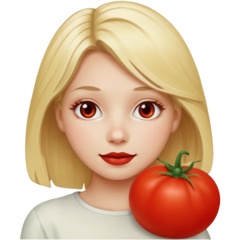 blonde girl, with a red face shaped as a tomato emoji