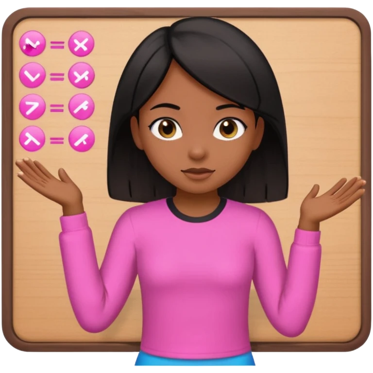 a brown skin teachers with hair that stop at elbows girl with black straight like hair wearing pink not hot pink 2 piece set teaching up on a board emoji