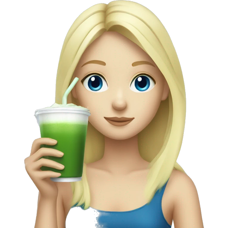 Blonde girl with blue eyes drinking Matcha emoji