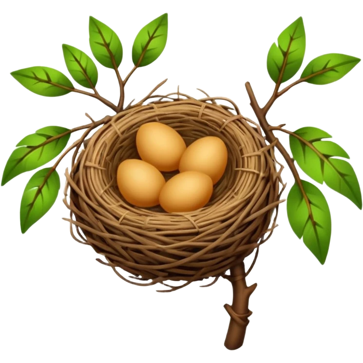 a bird's nest on a branch with green leaves emoji